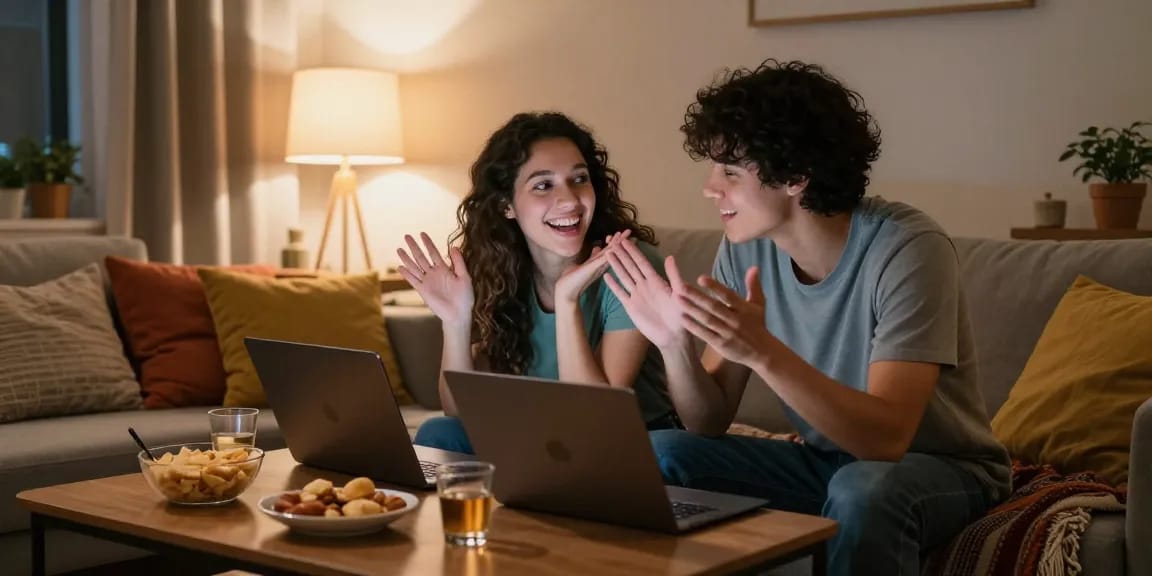 Couple enjoying an engaging ai sex chat in a cozy home environment, showcasing comfort and connection.