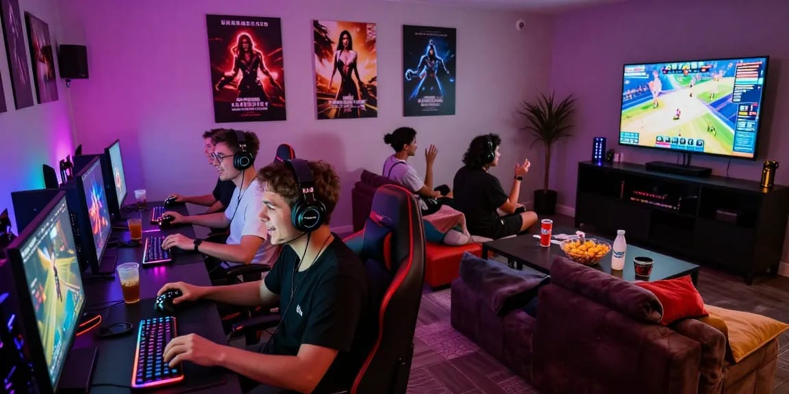 Players enjoying html porn games in a vibrant gaming lounge with immersive setups.