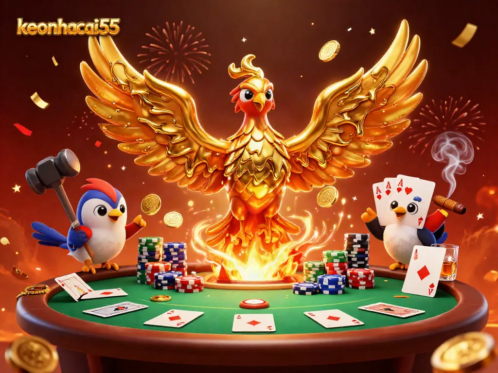 Experience exciting poker action at keonhacai55 with vibrant elements and a golden phoenix.