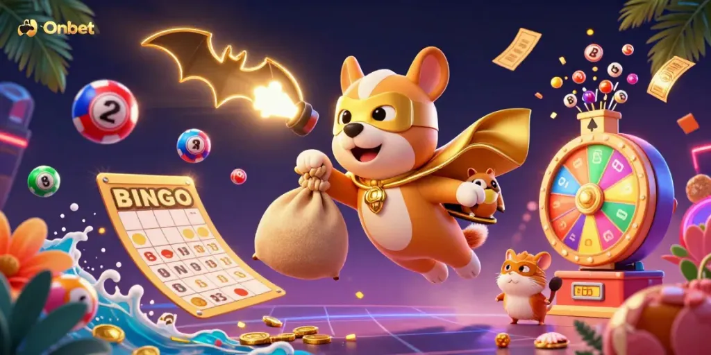 Onbet showcases a superhero dog and a hamster amidst dynamic lottery elements and gaming excitement.