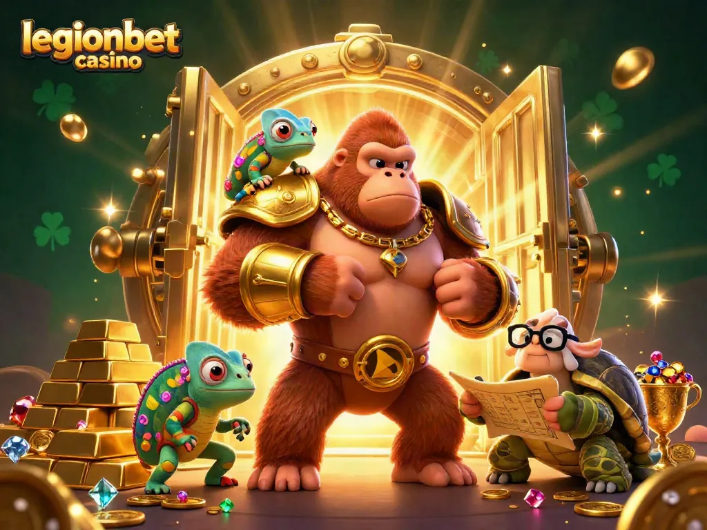 Experience excitement at legionbet casino with a vibrant illustration of a gorilla king, chameleon, and tortoise!