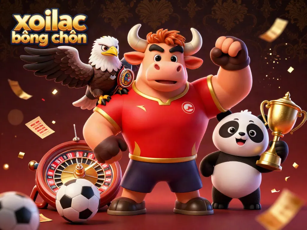 Bet live on xoilac bóng chuyền with vibrant 3D illustration featuring champions and gambling elements.