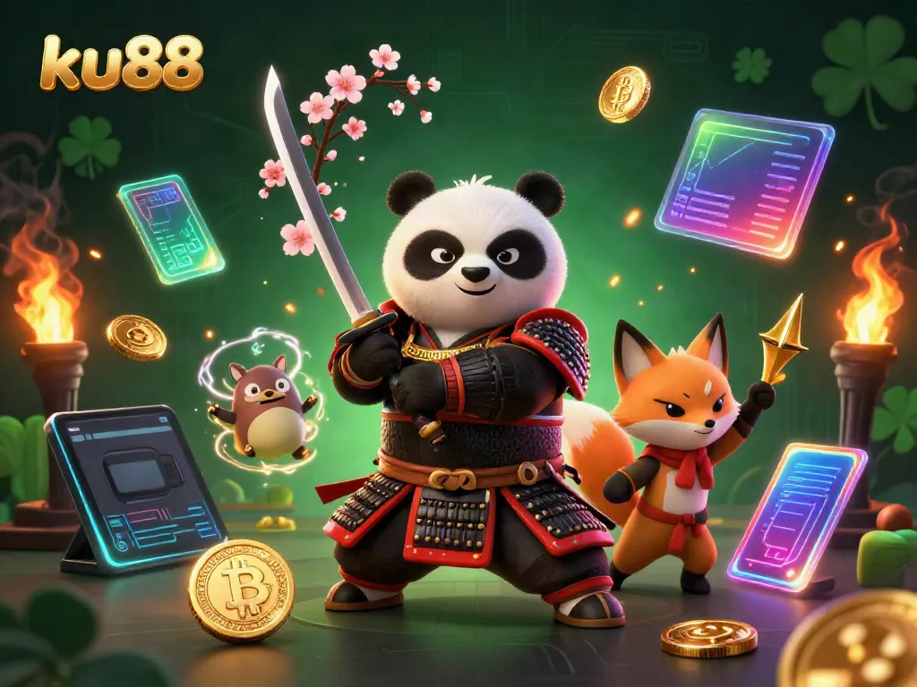Experience thrilling gaming moments at ku88 with a dynamic scene featuring a samurai panda, ninja fox, and magical tanuki.
