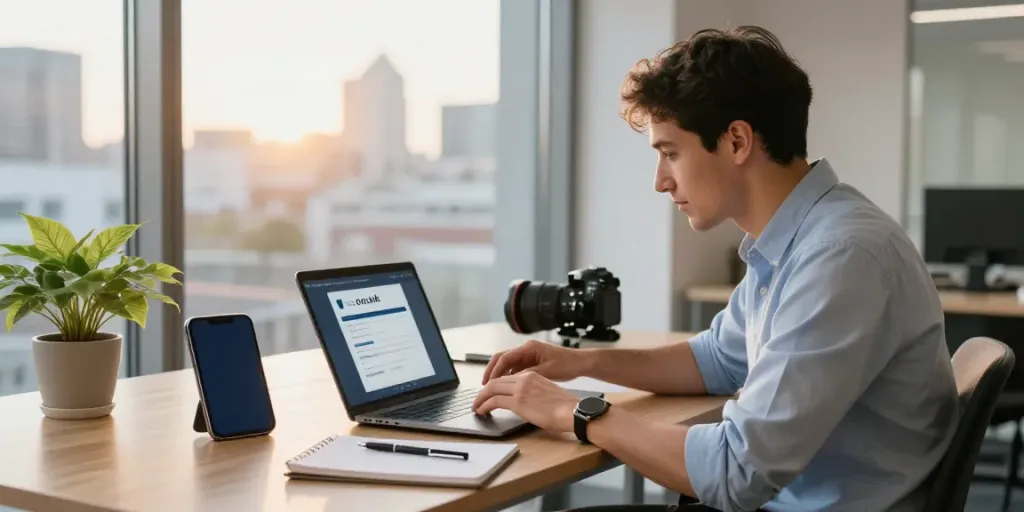 Explore the journey to buy .co.uk domain in a modern office setting.