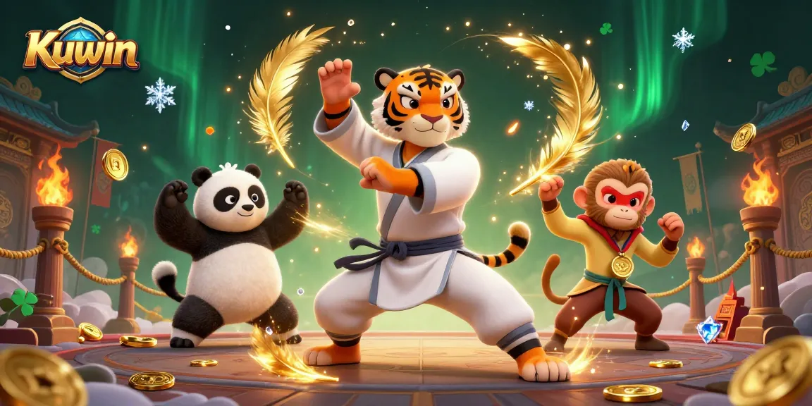 Kuwin offers a dynamic scene with a kung fu tiger, panda, and monkey amidst swirling particles, showcasing exciting gambling energy.