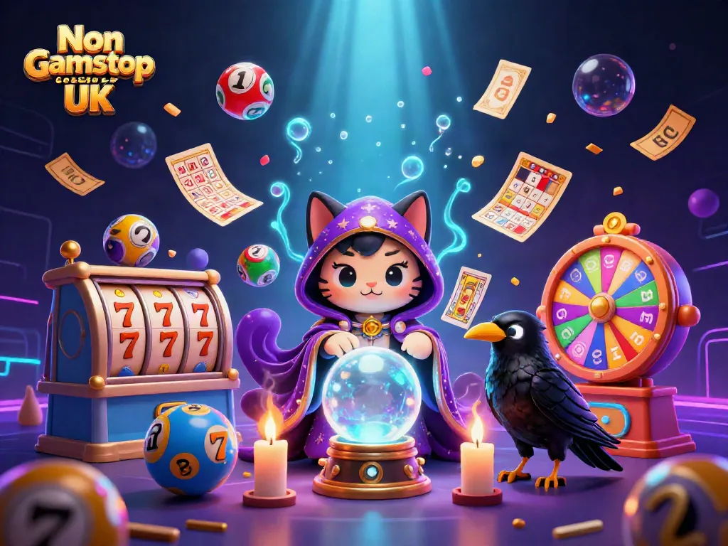 Experience the excitement of Non gamstop casinos UK with vibrant gaming elements in a mystical 3D scene.