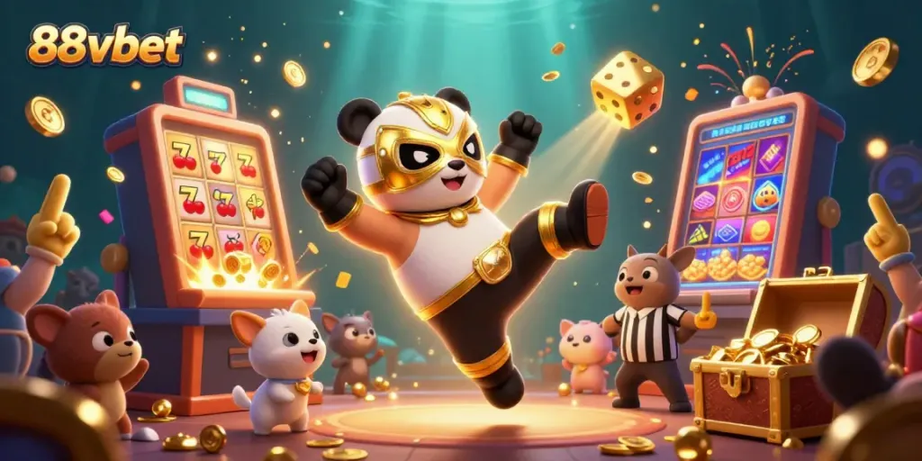 Experience the excitement of 88vbet with a vibrant casino scene featuring a panda wrestler and explosive slots.