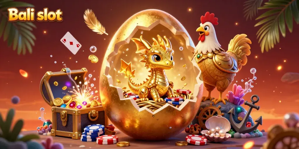 Bali slot showcasing a golden dragon surrounded by poker chips and treasure, symbolizing luck and riches in online gambling.