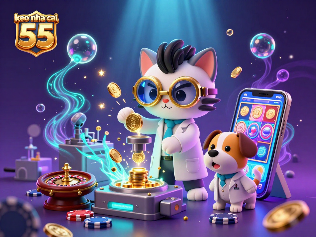 Experience exciting gameplay with keo nha cai 55 as a mad scientist cat invents a gold machine, surrounded by casino elements.