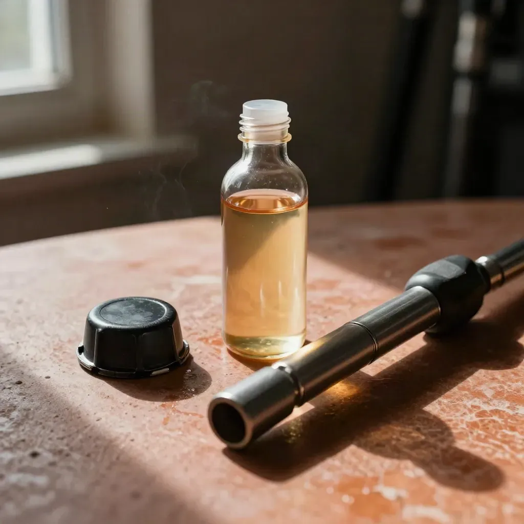 Fuel cap, diesel sample bottle, and nozzle handle on warm stone with soft light.