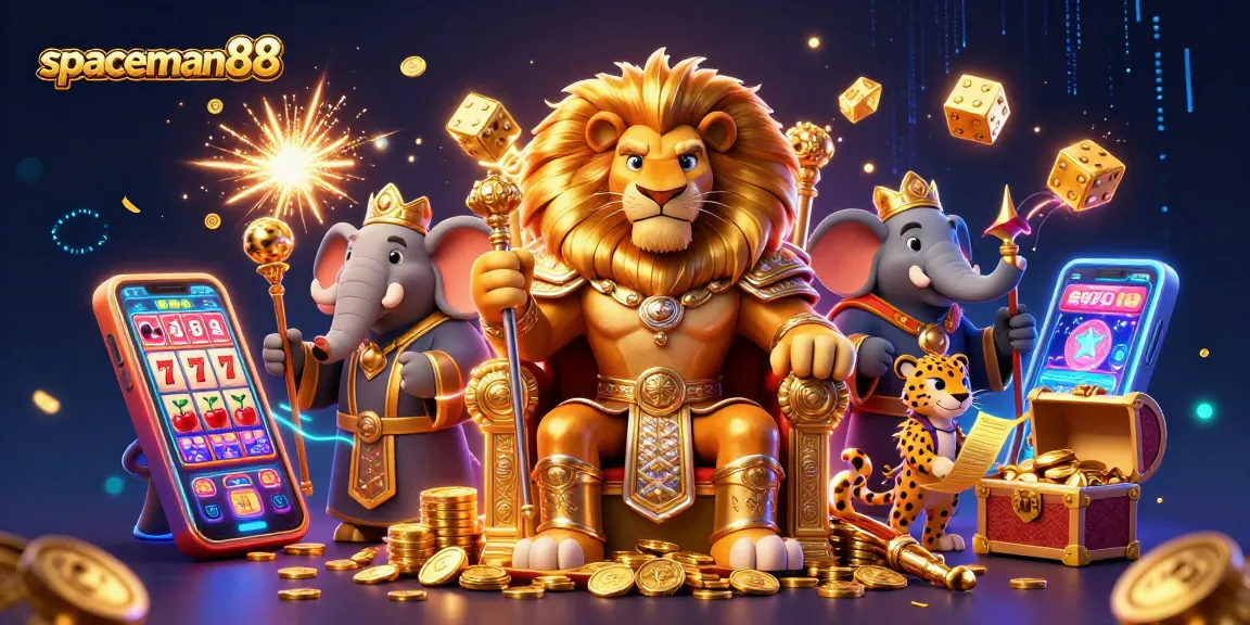 Spaceman88's slot adventure features a lion king, elephant advisor, and cheetah messenger in vibrant 3D detail.
