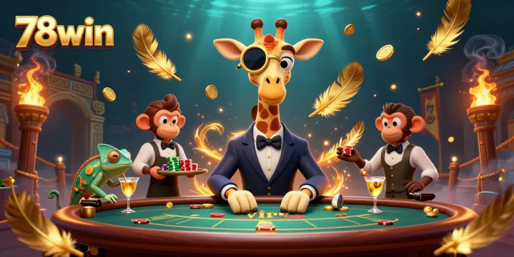 Engage in a thrilling jackpot chase at 78win with a high-roller giraffe, monkey valet, and chameleon bartender.