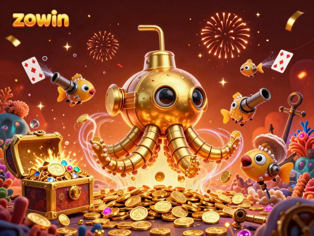 Experience thrilling gambling action with Zowin in a vibrant 3D treasure hunt illustration.