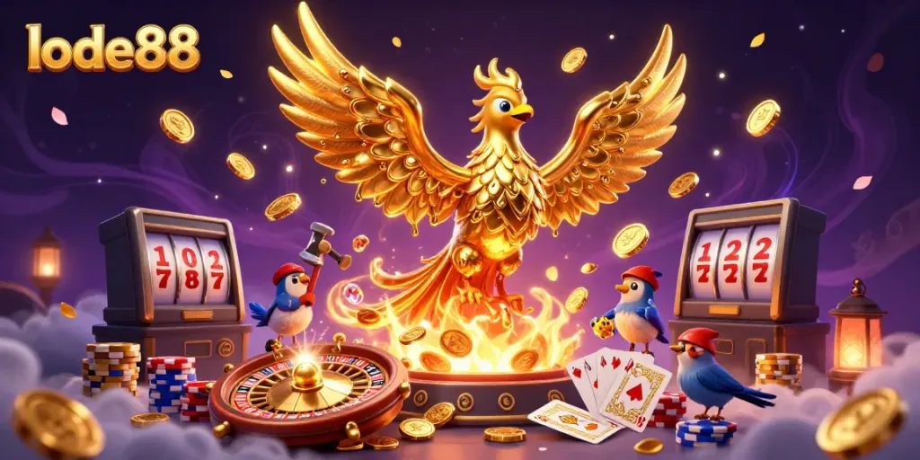 Experience the thrilling lode88 online casino with a dynamic illustration of a golden phoenix and casino elements.