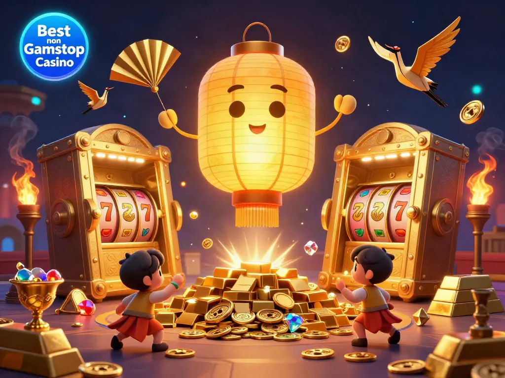 Experience the thrill of the Best non Gamstop Casino with a vibrant illustration of golden treasures and lucky symbols.