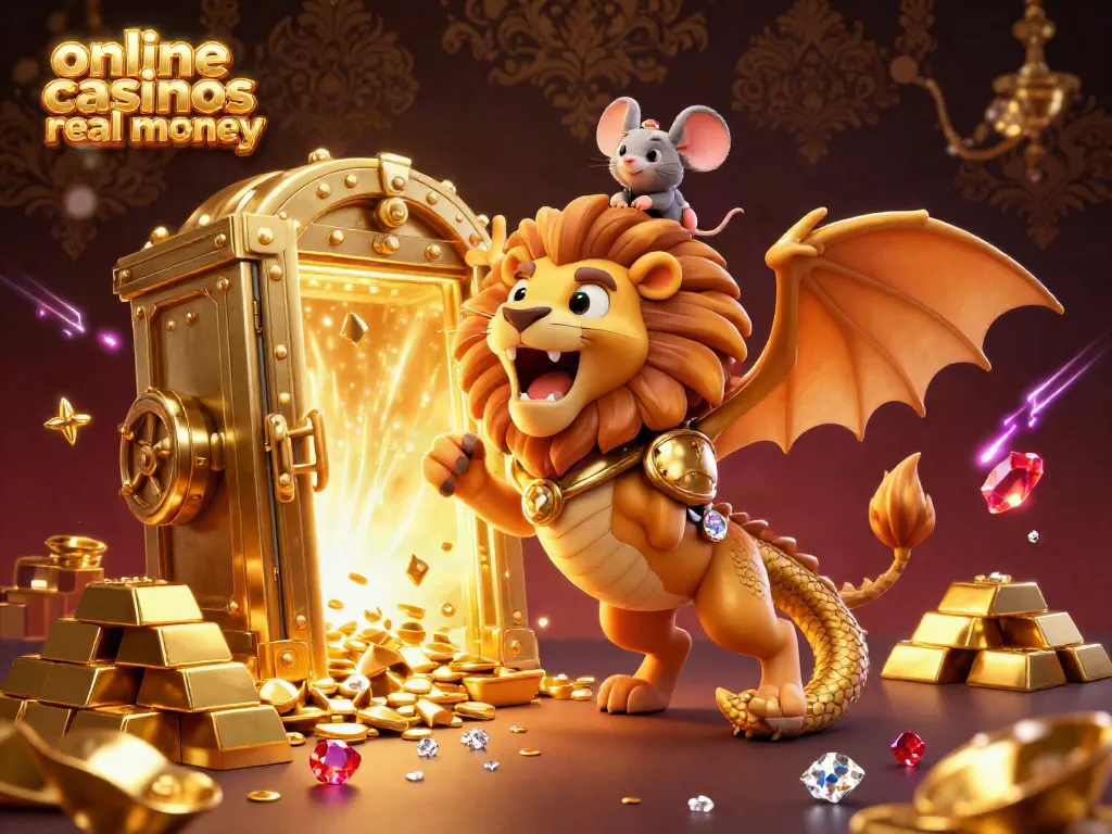 Experience the thrill of online casinos real money through a vibrant 3D illustration showcasing a chimera and treasure elements.