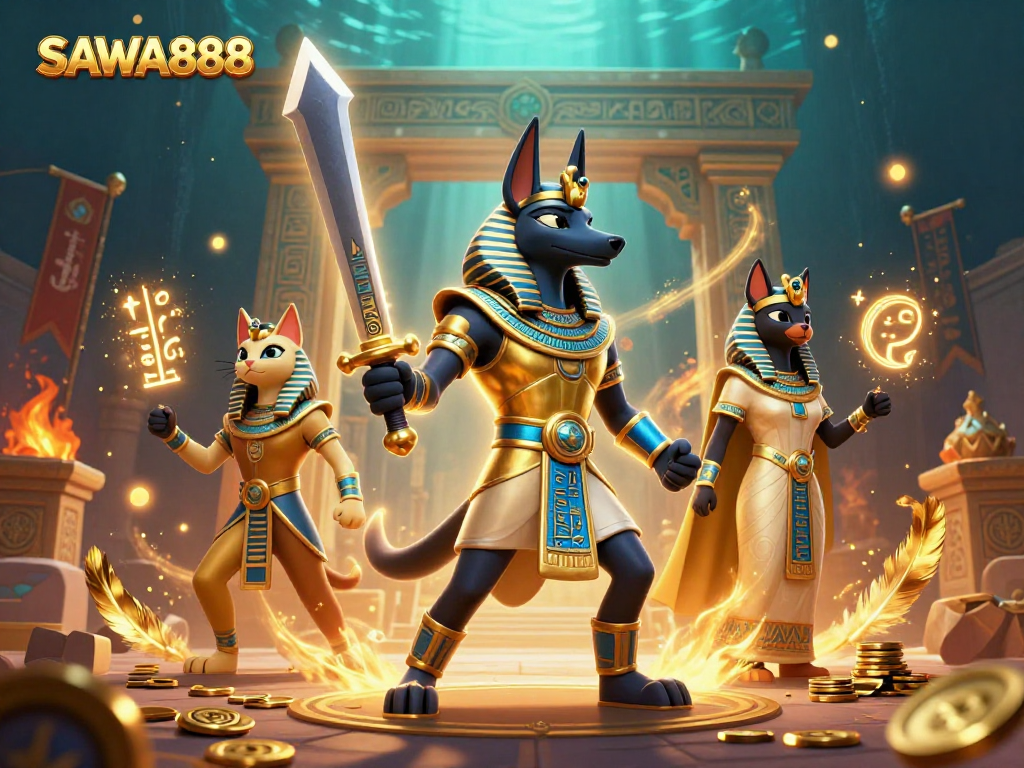 Experience thrilling slots action with SAWA888's vibrant gaming atmosphere, featuring dynamic characters.