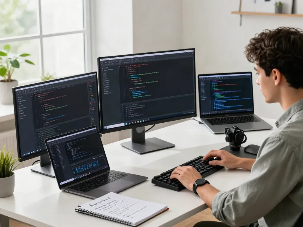 Developer coding in a modern workspace focused on instant indexing strategy.