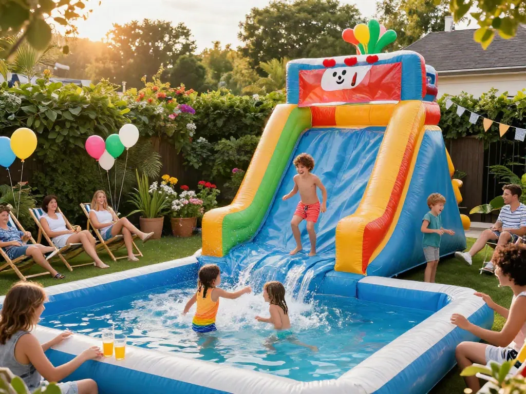 Children enjoying an inflatable water slide at a summer garden party.