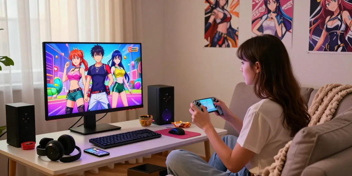 Engaging woman playing ecchi games in a cozy home setting with gaming accessories.