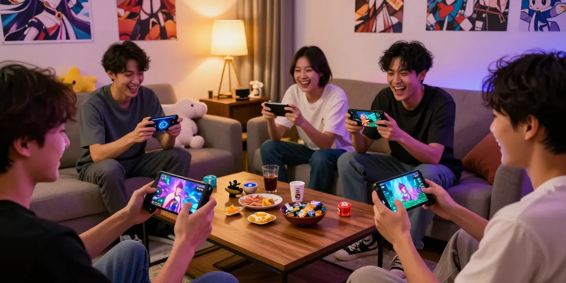Dynamic scene of young adults enjoying an ecchi game together, filled with vibrant character designs and cozy gaming atmosphere.