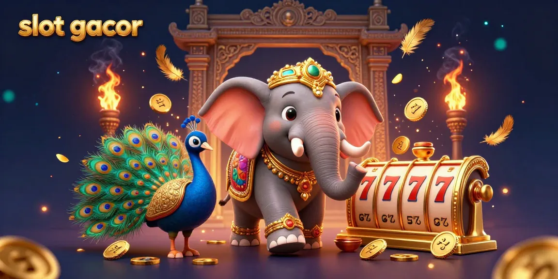 Experience the vibrant slot gacor scene with golden reels, a colorful elephant, and a peacock in full display.