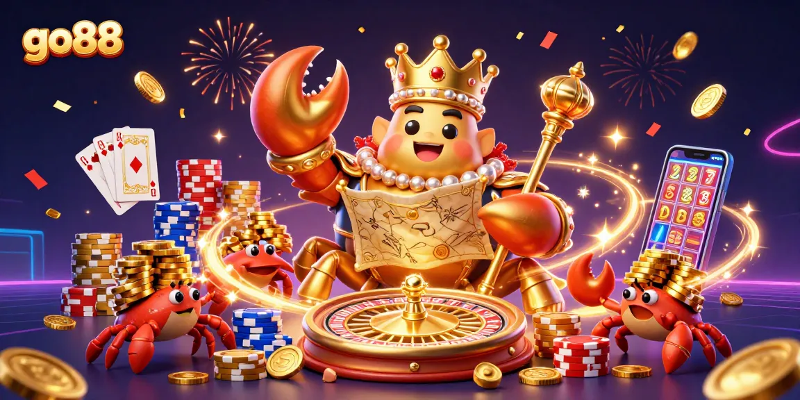 Experience the thrill of winning with GO88 in this vibrant 3D casino scene featuring a golden crab emperor.