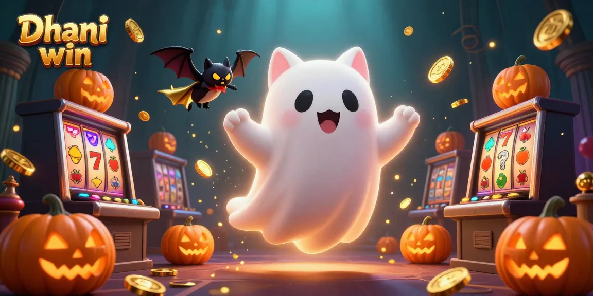 Dhani win features an engaging ghost cat and vampire bat in a casino, surrounded by lively slots and gleaming rewards.