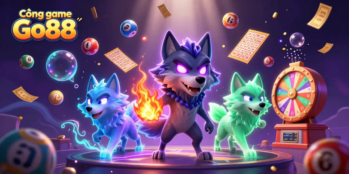 Cổng game Go88 features a dynamic scene with colorful lottery elements and spectral wolves, emphasizing excitement in gaming.