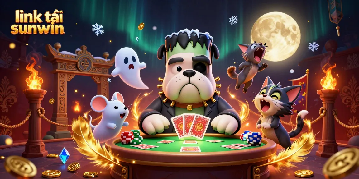Engage in thrilling gameplay with link tải sunwin as a 3D Frankenstein bulldog deals cards at a vibrant casino scene.