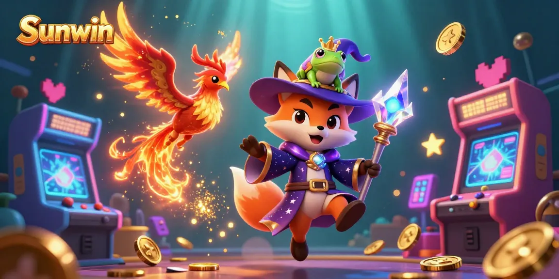 Experience the thrill of gaming at Sunwin with a magical scene featuring a wizard fox, phoenix, and enchanting game elements.