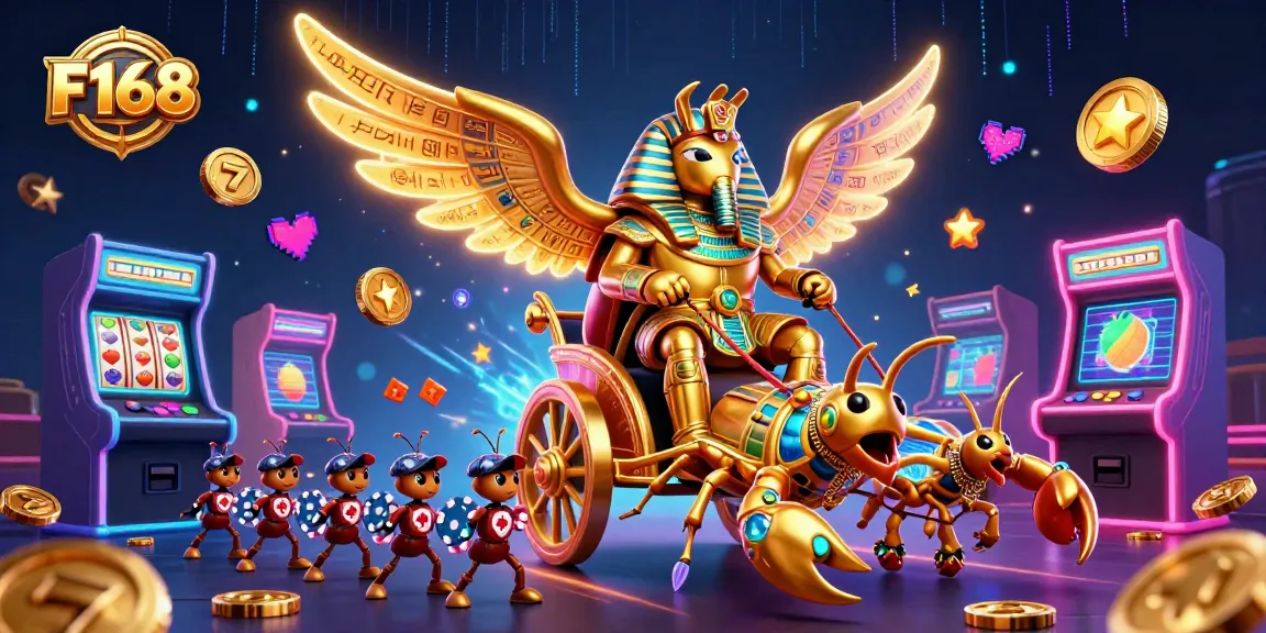 Engage with F168 in vibrant gaming with a colossal scarab and casino-themed elements