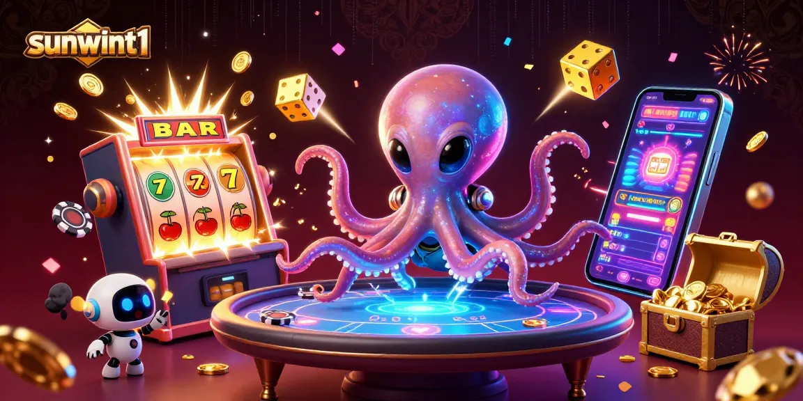 Engage with sunwint1 as a 3D alien octopus operates a holographic poker table amidst glowing casino elements.