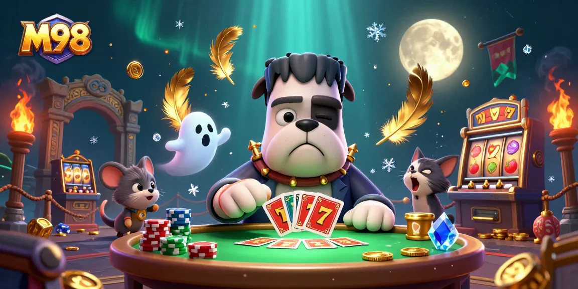M98 brings thrilling slots to life as a cartoon Frankenstein bulldog deals cards amid a lively casino scene.